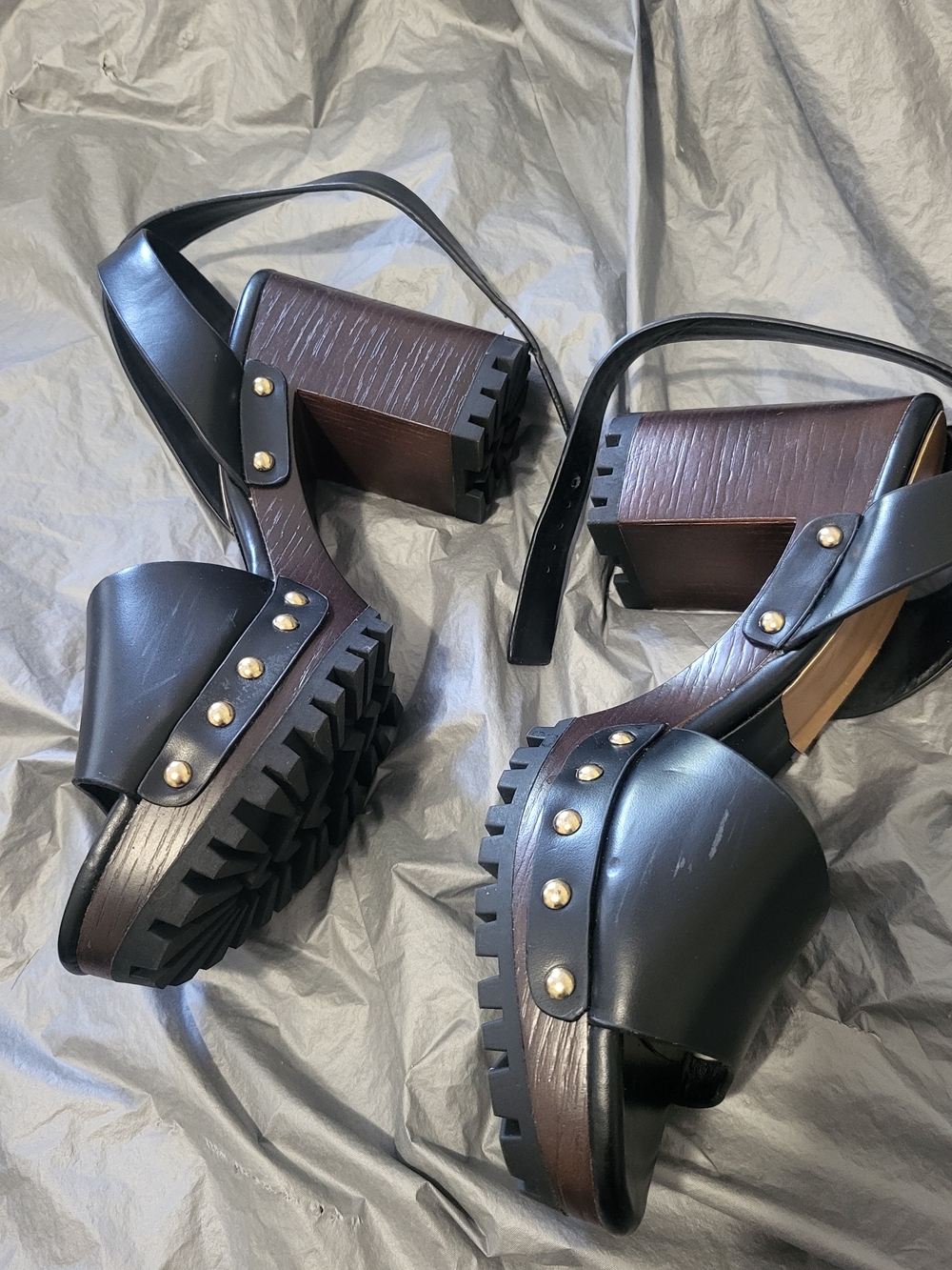 Zara Studded Black Leather Platform Sandals with Chunky Wood Heel - Picture 8 of 13